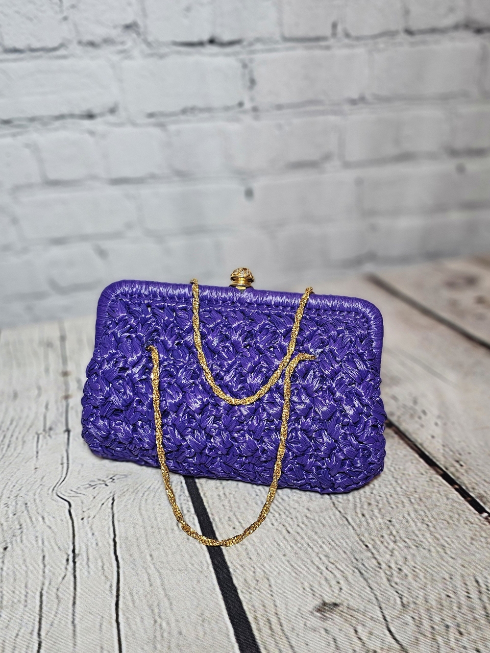 Handwoven Purple Clutch with Gold Chain Strap